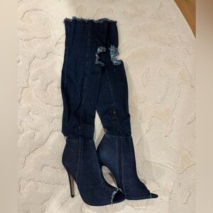 Dark Blue Denim Peep Toe Stiletto Boots
